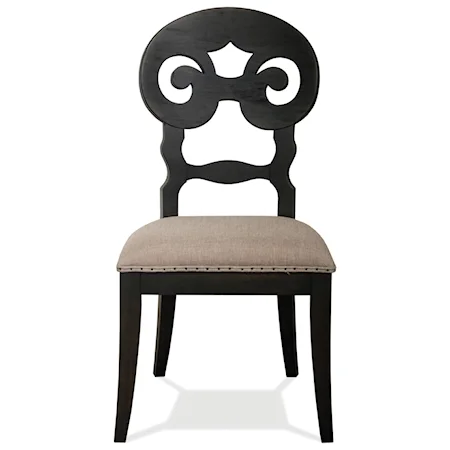Scroll Back Upholstered Side Chair in Rubbed Black Finsh